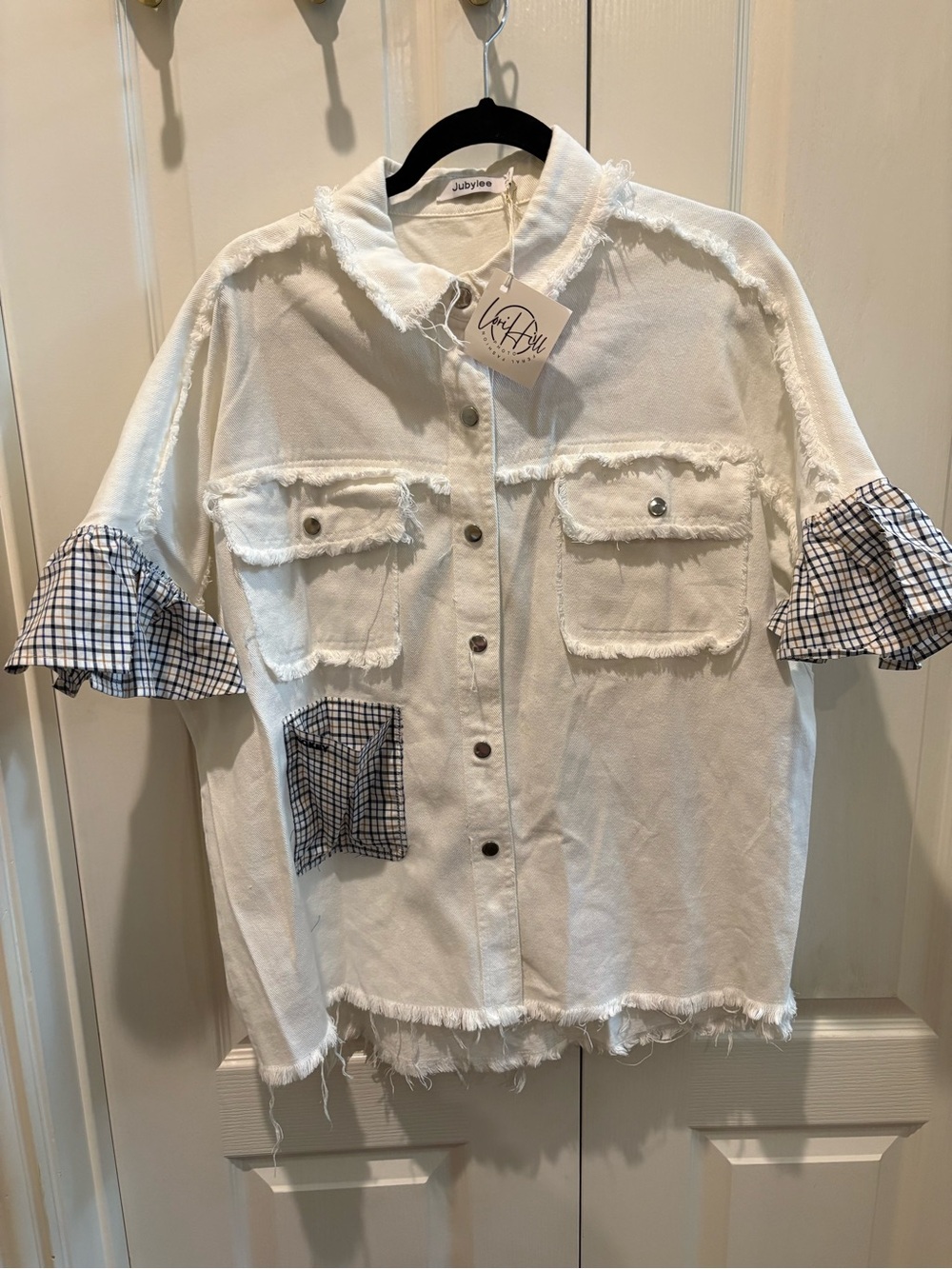 Ju-Ju-Be White Button-Front Shirt with Checked Pocket & Sleeve Accents Lori Hill